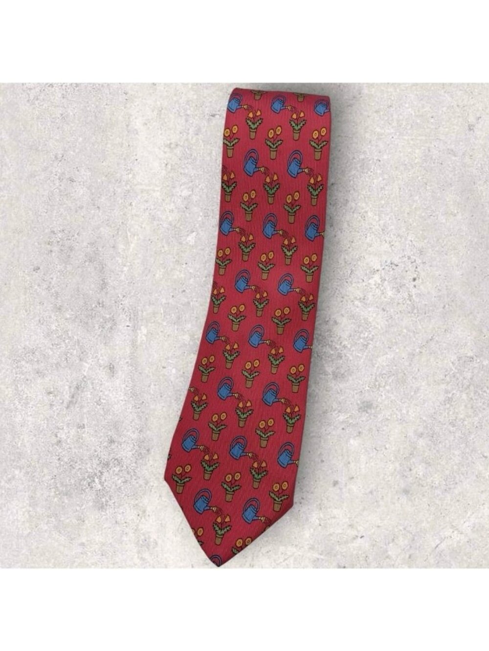 HERMÈS 7484 IA Silk Tie FRANCE Red Blue Green Water Can Flowerpot W:3.4" EUC